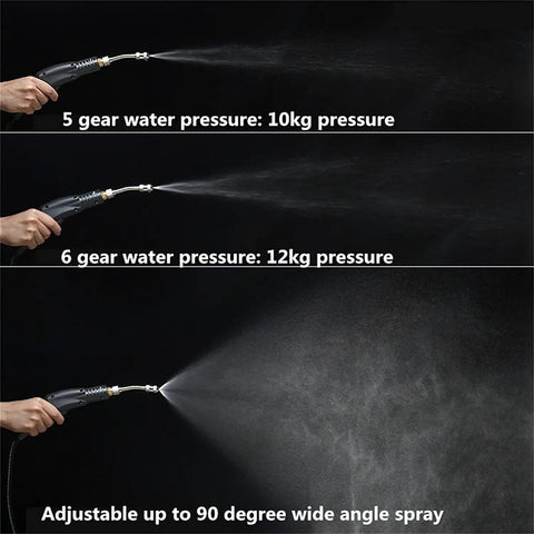 Portable Cordless Steam Cleaner For Car And Home Use showing 5 and 6 gear water pressure adjustable sprayer with wide angle feature.