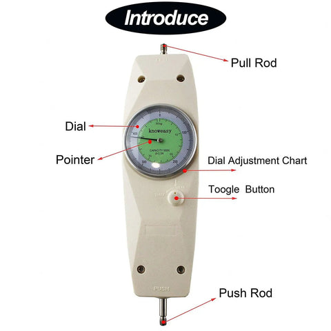 Handheld Force Gauge NK20 Analog Push Pull Gauge With One Percent Accuracy Portable Pro Grade Precision Measuring Instrument For Experiments Electronics Auto Parts And Industrial Testing, front view with dial and push rod