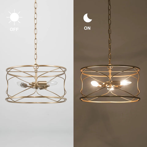 Dope Gold Drum Chandelier Three Light Pendant Ceiling Light For Kitchen Island Dining Room Living Room And Entryway Modern Gold Hanging Fixture With Elegant Drum Shade lit and unlit