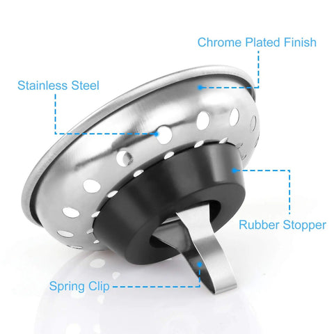 No Fuss 2 In 1 Kitchen Sink Strainer Stopper With Spring Clip Plunger, chrome plated stainless steel and rubber stopper