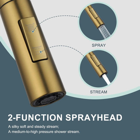 Tohlar Gold Kitchen Faucet with Pull Down Sprayer close-up of 2-function spray head showing spray and stream options.