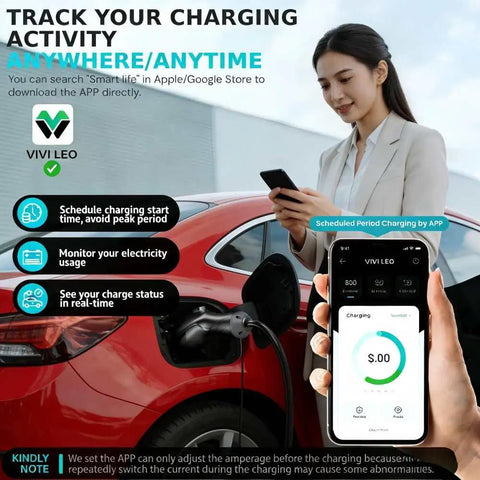 Woman using app on phone near car with charging cable for Hardwired Level 2 EV Charger 48 Amps 11.5kW 240V With 25 Ft Cable.
