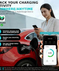 Woman using Wifi Smart App with Portable EV Charger 30 Amps Level 1 And Level 2 to monitor charging status in real-time.