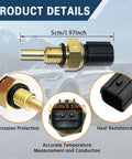 Side view coolant temperature sensor with brass threaded body and black connector; 5 cm long.