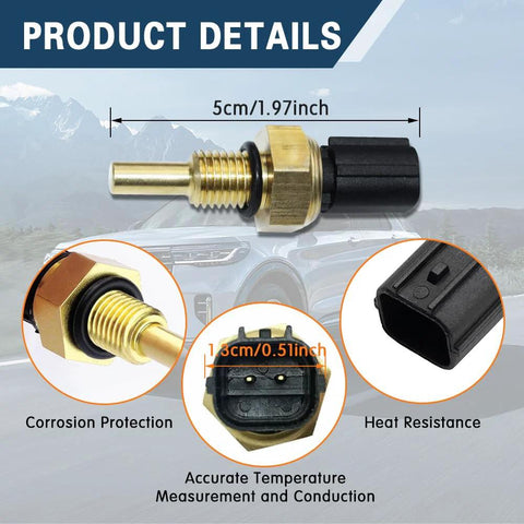 Side view coolant temperature sensor with brass threaded body and black connector; 5 cm long.