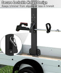 Two Place Weed Eater Rack For Open Trailer With Lockable Hasp Mount On Landscape Trailer, showing secure hasp and trimmer holder.
