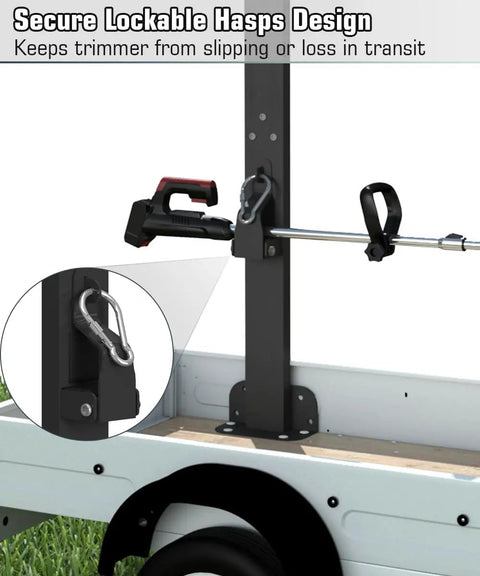 Two Place Weed Eater Rack For Open Trailer With Lockable Hasp Mount On Landscape Trailer, showing secure hasp and trimmer holder.