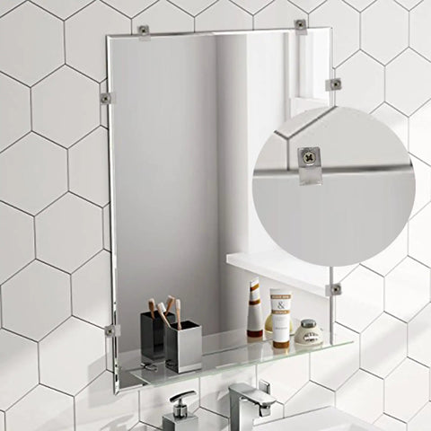 20 Piece Heavy Lifter Plastic Mirror Mounting Clips Kit With Premium Stainless Screws securing a bathroom mirror against a hexagonal tile wall.