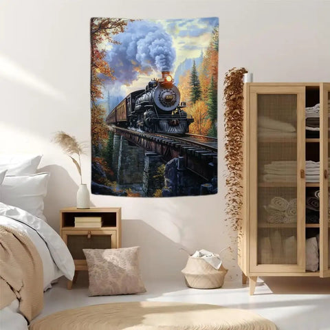 Locomotive Train Tapestry 44x60 Inches Wall Art Decor for Living Room Dorm Office Bedroom, Lightweight Polyester Backdrop With HD Printing