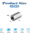 Heavy Duty 304 Stainless Steel M8 X 1.25 Pitch Metric Hex Coupling Nuts 24 Millimeter Long shown with size details.