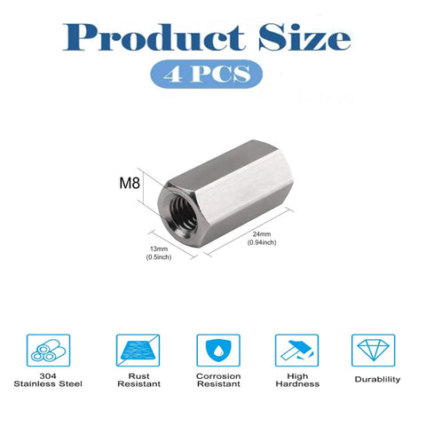 Heavy Duty 304 Stainless Steel M8 X 1.25 Pitch Metric Hex Coupling Nuts 24 Millimeter Long shown with size details.