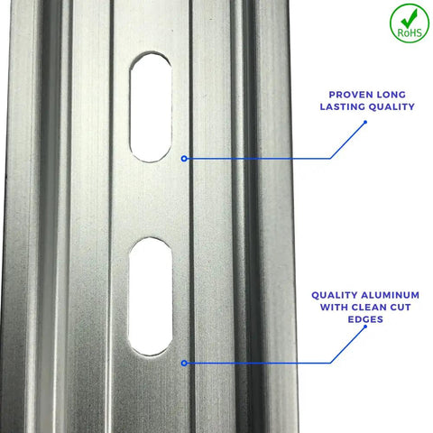 Heavy Duty DIN Rail Slotted Aluminum 35mm Wide 7.5mm High Two Inch Length Five Piece Set For Industrial Mounting RoHS Compliant close-up view