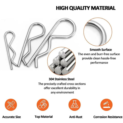 Versatile R Clips And Cotter Pin Kit 24 Pc Stainless Steel Zinc Plated Heavy Duty Retaining Fasteners For Locks Hitches And Mechanical Mounts Durable Rust Resistant Pins Great For DIY Projects And Shop Work With Rust Resistant Finish And Easy Storage In, 304 stainless steel R clips