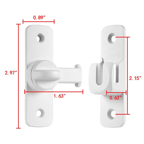 Dead Simple Matte White Gate Lock For Aluminum Barn Doors Seamless 90 And 180 Degree Angle Mounting hardware dimensions 2.97x0.89 inches.