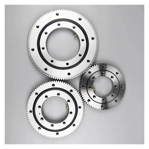 Heavy Duty External Gear Turntable Bearing Slewing Ring Single Row Drive Support Built Like A Tank with three sizes displayed.