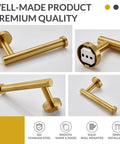 Brushed Dark Gold Stainless Steel Toilet Paper Holder With Round Arm Design, SUS304 Wall Mount TP Hanger displayed in four angles
