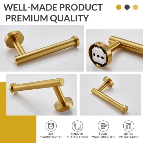 Brushed Dark Gold Stainless Steel Toilet Paper Holder With Round Arm Design, SUS304 Wall Mount TP Hanger displayed in four angles