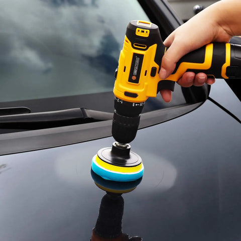 Using Pro Grade 3 Inch Drill Buffing Pad Kit With 11 Pieces Auto Detailing Foam Polishing Pads on car hood