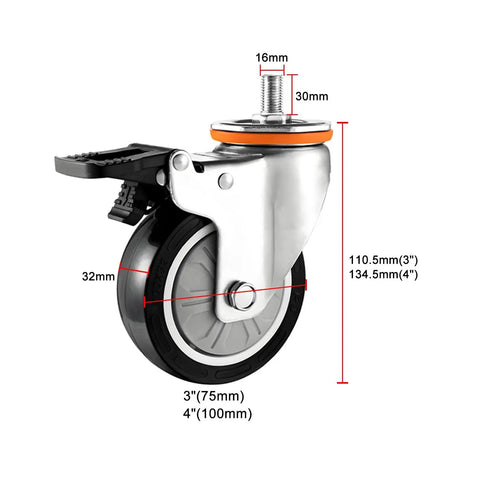 Beefy Heavy Duty PU Swivel Caster Wheels With MX Threaded Stem showing 75mm wheel diameter and dual locking brake for machinery.