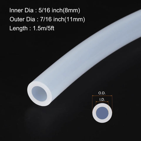 Clear Silicone Tubing 5 Feet Long Inner Diameter Five Sixteenth Inch Outer Diameter Seven Sixteenth Inch Eight Millimeter By Eleven Millimeter Industrial Grade Plastic Hose For Pump Siphoning Draining Irrigation And Brewing The Go To Choice with measurements displayed