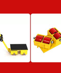 Heavy Duty Trailer Mover Dolly With One Eighty Degree Pivot And Comfort Grip Handle Paired With Quiet Polyurethane Rollers showing yellow platform and red rollers.