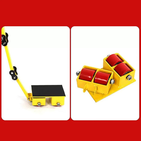 Heavy Duty Trailer Mover Dolly With One Eighty Degree Pivot And Comfort Grip Handle Paired With Quiet Polyurethane Rollers showing yellow platform and red rollers.
