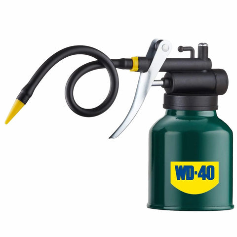 Green metal pistol-pump oil can with 9 inch flexible hose and 3 inch straight spout; 8 oz capacity, WD-40 branding.