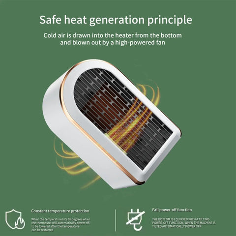 Under Desk Space Heater For Office And Bedroom Quiet No Fuss Portable Fast Heating PTC Ceramic Warmer With Overheat And Tip Over Protection Two Modes Energy Efficient shown on green background