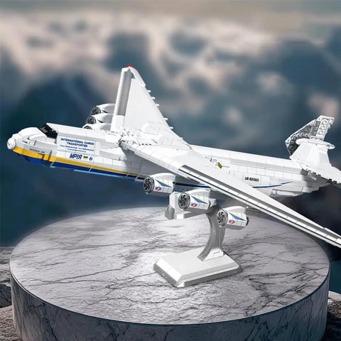 An-225 Transport Aircraft Building Blocks Set 1 135 Scale with 1728 Pieces on display stand background