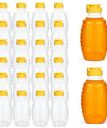 No Drip Honey Bottle Set For Easy Pouring 16 Oz Refillable Food Grade Containers With Leak Proof Flip Top Caps Ideal For Storage And Distribution At Home Kitchen Picnic Or Camping shown in transparent and amber colors
