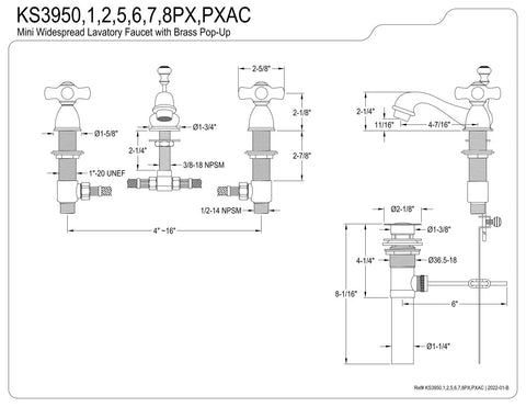 Technical drawing of Oil Rubbed Bronze Widespread Lavatory Faucet With Porcelain Cross Handle 4 Inch Adjustable Center One Quarter Turn Ceramic Disk Cartridge 1.2 GPM Flow At 60 PSI Deck Mount Bathroom Fixture showing dimensions and assembly details.