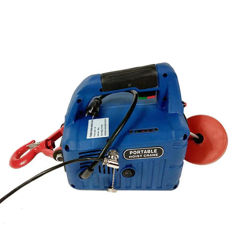 Techtongda Portable Electric Hoist Remote Controlled Winch 992Lbs Capacity 25 Ft Lift Height, blue design with red hooks, compact for easy use.