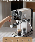 Espresso Machine With Milk Frother For Home Use 20 Bar Pressure Compact Stainless Steel Coffee Maker With Touch Screen And 41oz Water Tank Brew Lattes Cappuccinos And Americanos Like A Pro, front view with person making coffee