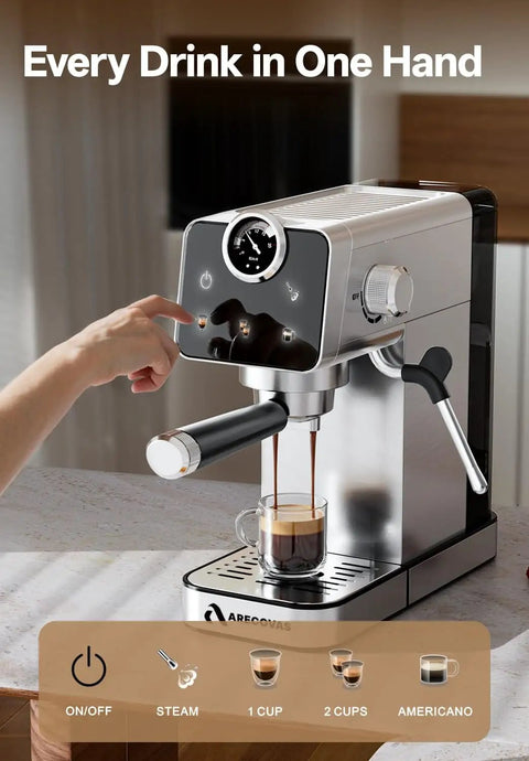 Espresso Machine With Milk Frother For Home Use 20 Bar Pressure Compact Stainless Steel Coffee Maker With Touch Screen And 41oz Water Tank Brew Lattes Cappuccinos And Americanos Like A Pro, front view with person making coffee