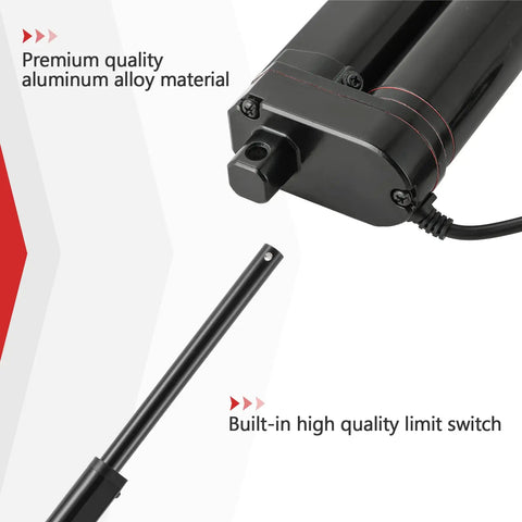 Close-up of 8 Inch 12V Linear Actuator with Mounting Bracket showing aluminum alloy material and limit switch