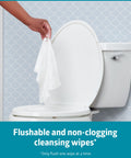 Hand holding ReadyFlush Biodegradable Flushable Wipes 576 Count In 24 Pack Of 24 Hydraspun before flushing into toilet.