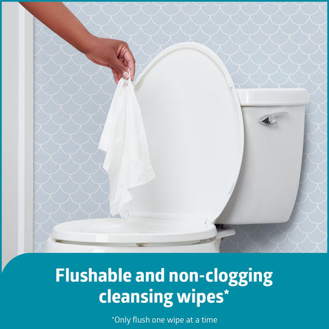 Person holding On-The-Go Travel Size Flushable Wipes Unscented With Aloe over a toilet
