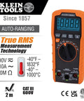 Auto Ranging TRMS Digital Multimeter MM420 Pro Grade with 600V AC DC Voltage, shown with features and safety certifications.