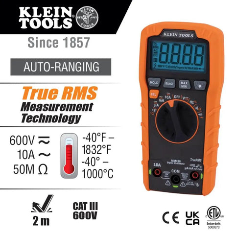 Auto Ranging TRMS Digital Multimeter MM420 Pro Grade with 600V AC DC Voltage, shown with features and safety certifications.