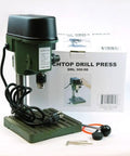 Compact Benchtop Drill Press With Three Speeds 5000, 6500 And 8500 RPM for Precise Drilling, shown in green and black with packaging