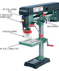 Heavy Duty 34-Inch Benchtop Radial Drill Press With 5 Speed Variable Swing, pivoting head, stable bench mount, safety features