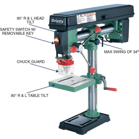 Heavy Duty 34-Inch Benchtop Radial Drill Press With 5 Speed Variable Swing, pivoting head, stable bench mount, safety features