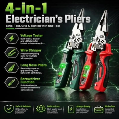 4 In 1 Wire Stripping Pliers With Built In Voltage Tester Foldable Your Go To Electrician Tool For Stripping Cutting Crimping Twisting And Testing Wires Heavy Duty Wire Cutters For Circuit Repair And DIY Electrical Work, red and green handles