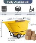 Commercial Grade Tilt Truck Dump Cart 850 Lb Capacity Zero Point Five Cubic Yard Yellow Rotational Molded Waste Bin dimensions and use with boxes.