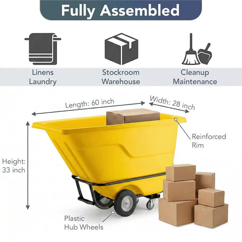 Commercial Grade Tilt Truck Dump Cart 850 Lb Capacity Zero Point Five Cubic Yard Yellow Rotational Molded Waste Bin dimensions and use with boxes.