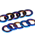 Badass Grade 5 Titanium Flat Washers For M5 Metric Bolts With Burnt Blue Finish 10 Pack arranged in a row.
