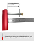 Shop Grade Knife Maker Center Scribe With Replaceable Carbide Tip And Smooth Steel Guide Rails For Dead Straight Edge Lines On Any Half Inch Thick Plate, adjustable scribing tool with red handle.