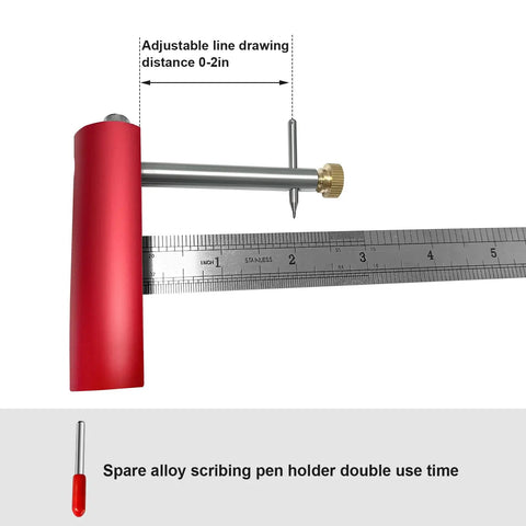 Shop Grade Knife Maker Center Scribe With Replaceable Carbide Tip And Smooth Steel Guide Rails For Dead Straight Edge Lines On Any Half Inch Thick Plate, adjustable scribing tool with red handle.