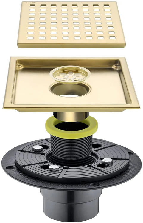 Exploded view of Six Inch Brushed Gold Stainless Square Shower Drain Kit With Tile Insert Grate, cover, and adapter system.