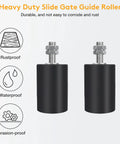 Universal Adjustable Heavy Duty Sliding Gate Rollers Kit with L Shaped Brackets shown with rustproof waterproof features.